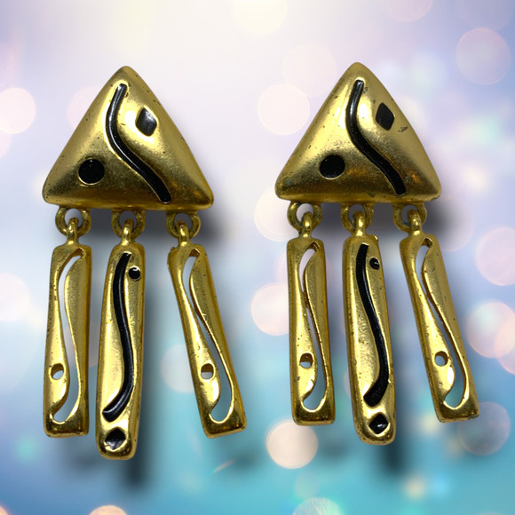 Vintage 1980s Gold Tone Modernist Triangle Dangle Pierced Earrings Mogul Couture - Picture 1 of 5